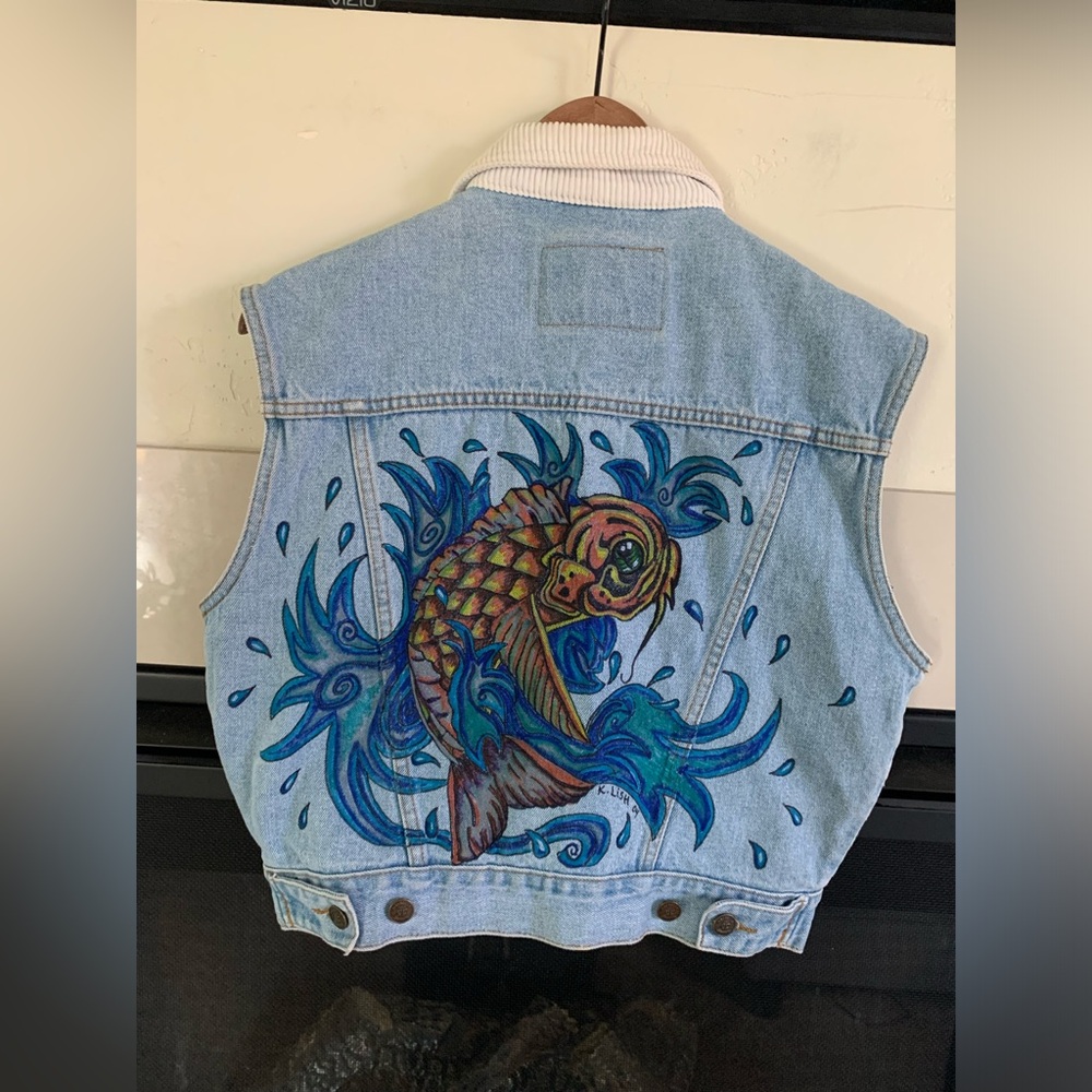 Vtg Rafaella Women’s Denim Jean Vest UPCYCLED Koi ART L corduroy collar 80s 90s